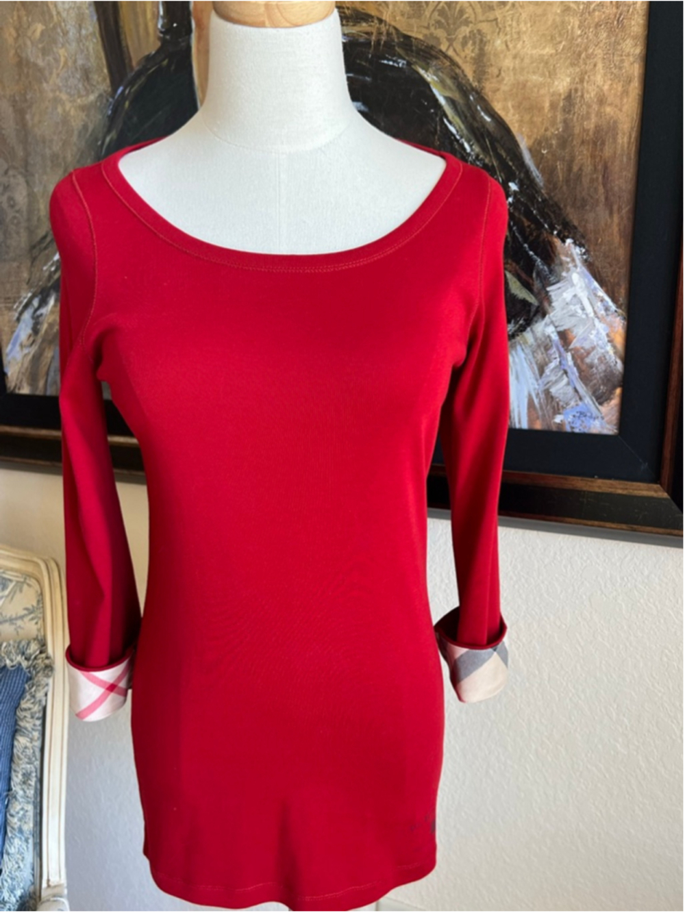New Burberry Brit Red Long Sleeve Tee with Plaid Cuffs M - Picture 3 of 9
